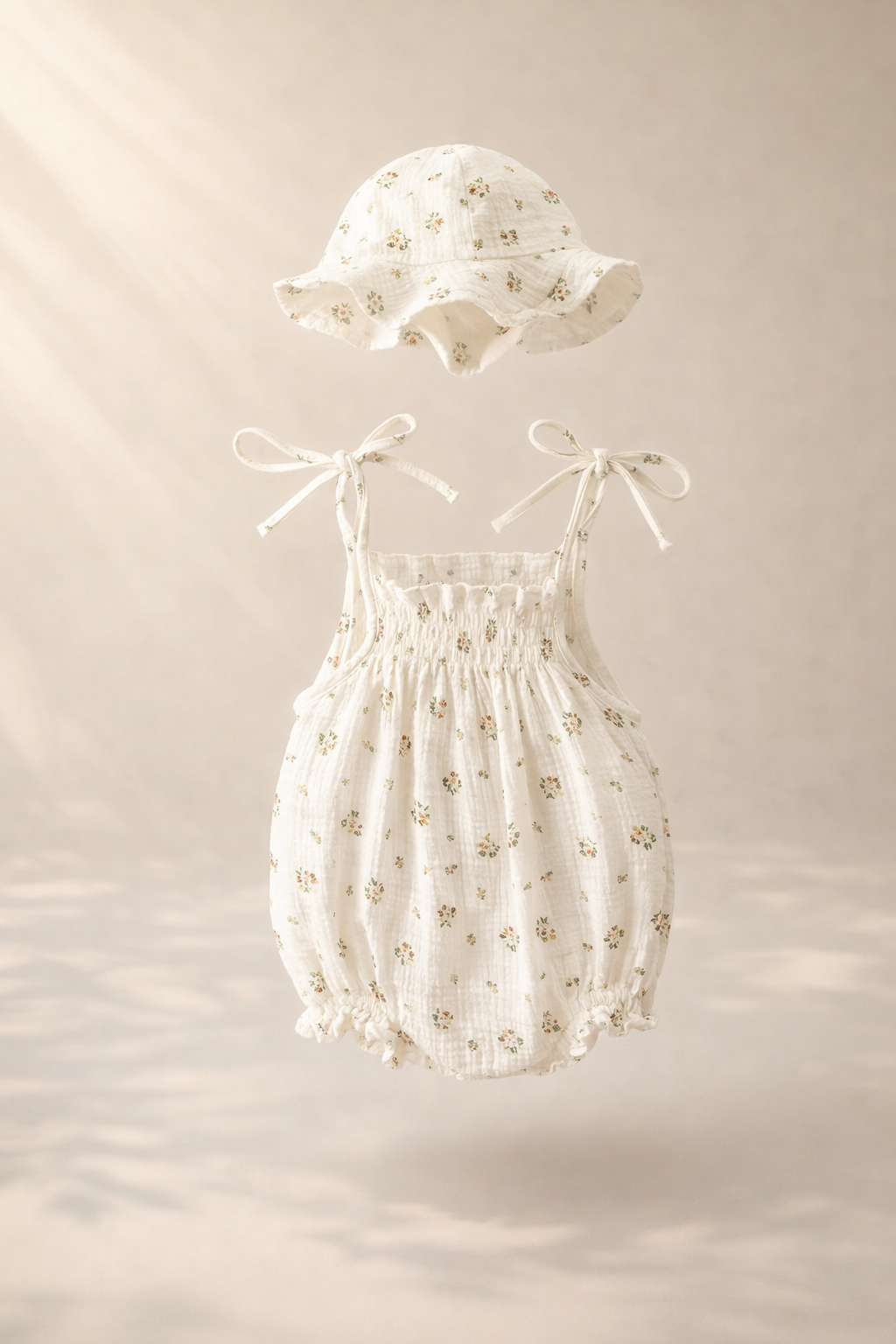 Floating baby romper set with matching sun hat in soft ivory fabric, featuring a delicate floral print, shown against a warm beige background with gentle natural light and soft shadows.