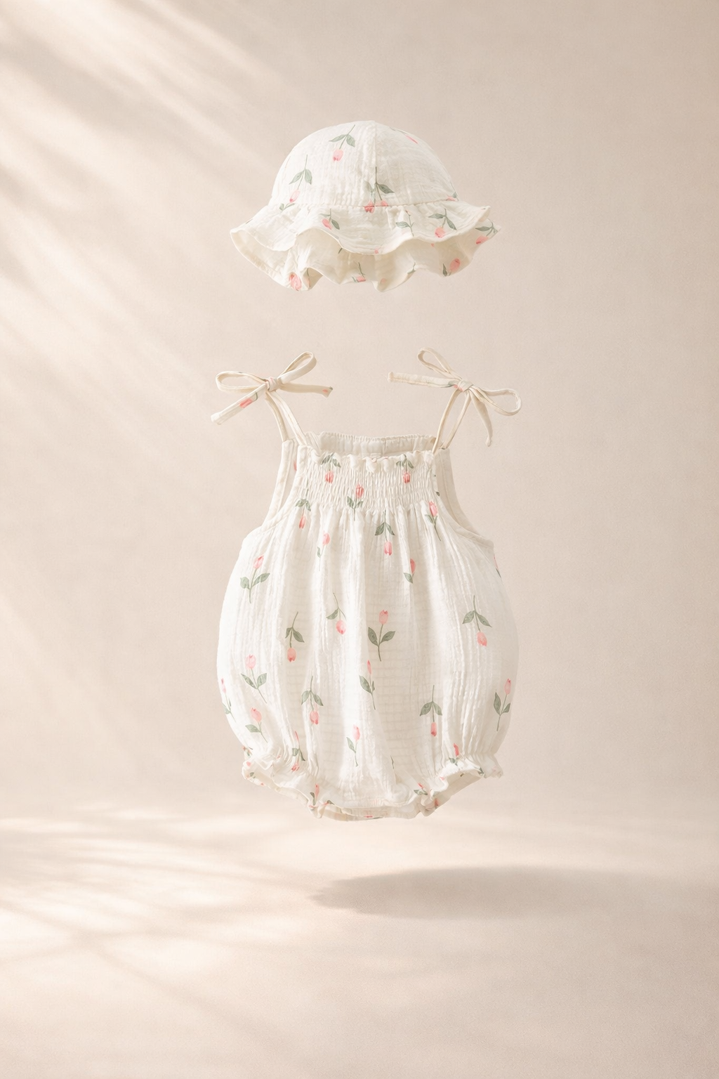 Floating baby romper set with matching sun hat in soft ivory fabric, featuring a delicate tulip print, shown against a warm beige background with gentle natural light and soft shadows.