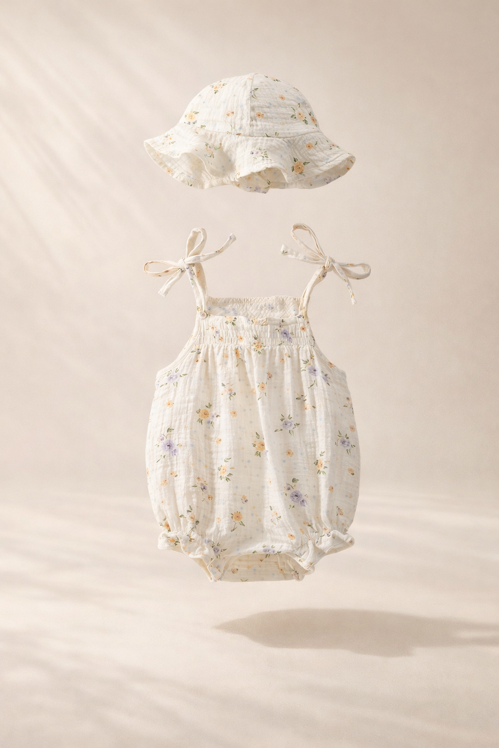 Floating baby romper set with matching sun hat in soft ivory fabric, featuring a delicate pink floral print, shown against a warm beige background with gentle natural light and soft shadows.